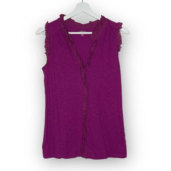 Ann Taylor Loft Pink Sleeveless Tank Top V Neck Ruffled Cotton Womens Size Small - Picture 1 of 10